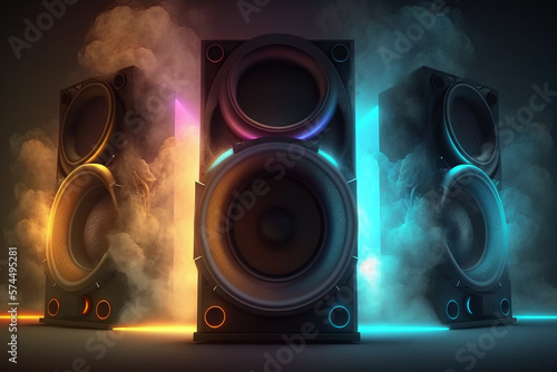 Music speaker or subwoofer in studio background with smoke and neon glow, night club or dance festival, advertisement style. photo