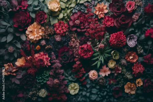 Vintage Floral Wall Background - Artificial flower wall in rich dark colors with a vintage style - Generative AI technology