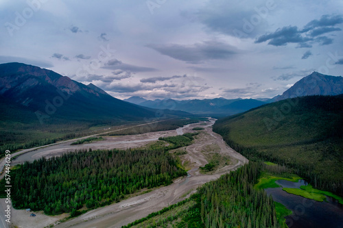 Aerial Drone image of the Dalton Highway and the Mountain ranges at the Middle Fork of the Braided Koyukuk River at the Yukon Flats