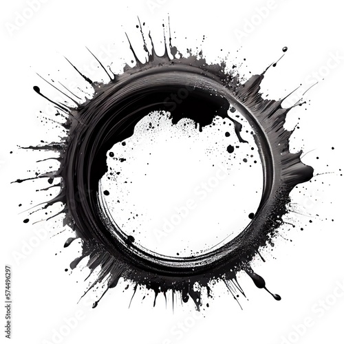 A circle frame with black paint splashes on white background. Liquid paint pouring texture. Ai generated abstract illustration with a circle frame covered with dark drops.