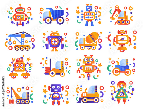 Cars and Robots Bright Childish Element Vector Set