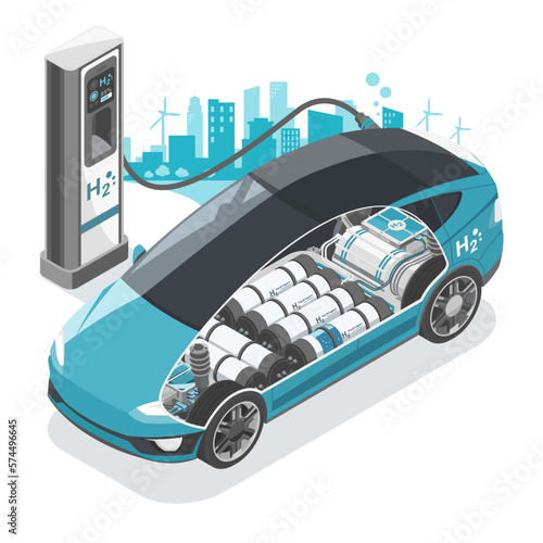 Green Hydrogen fuel cell car stop at Refual Charging Station Ecology cut inside show H2 storage tank with city background Ecology Concept isometric isolated vector 