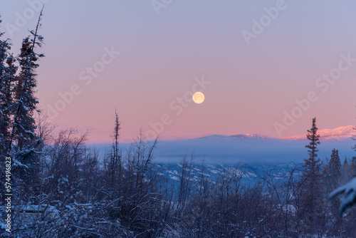 Landscape winter views in northern Canada during sunrise with pink tones on surrounding mountains and sky. Wilderness trees in foreground. 