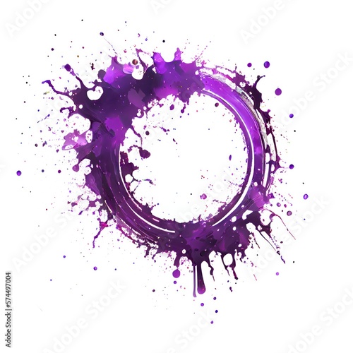A circle frame with purple paint splashes on white background. Liquid paint pouring texture. Ai generated abstract illustration with a circle frame covered with colorful drops.