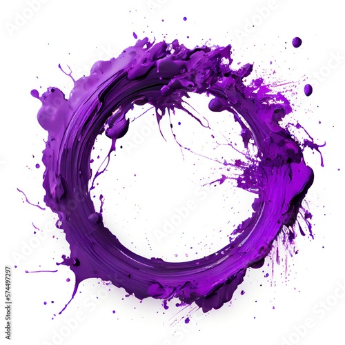 A circle frame with purple paint splashes on white background. Liquid paint pouring texture. Ai generated abstract illustration with a circle frame covered with colorful drops.
