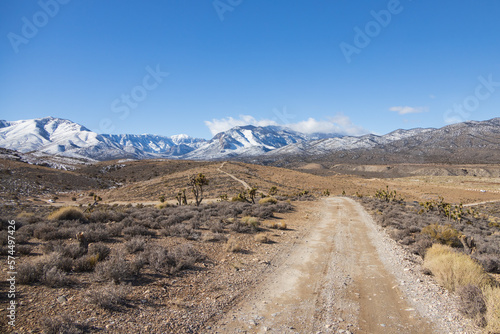 Dirt road and snow covered mountains at Spring Mountain National Recreation Area  Nevada