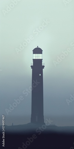 Digital Illustration of a Foggy Lighthouse Landscape, Minimalist Style, Evocative, Concept Shot, Blue Tint, ade in part with Generative AI