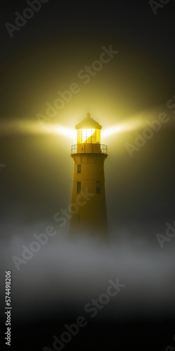 Digital Illustration of a Foggy Lighthouse Landscape, Minimalist Style, Evocative, Concept Shot, Yellow Tint, ade in part with Generative AI