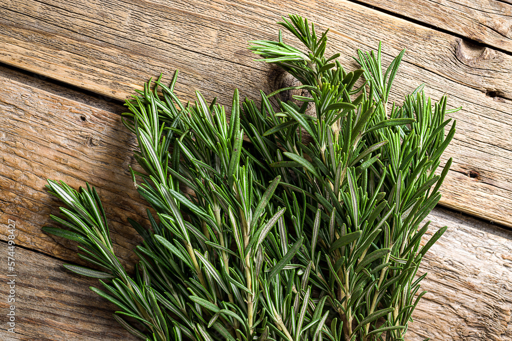 rosemary on old wooden table top view rosemary on old wooden table top view