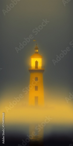 Digital Illustration of a Foggy Lighthouse Landscape, Minimalist Style, Evocative, Concept Shot, Yellow Tint, ade in part with Generative AI