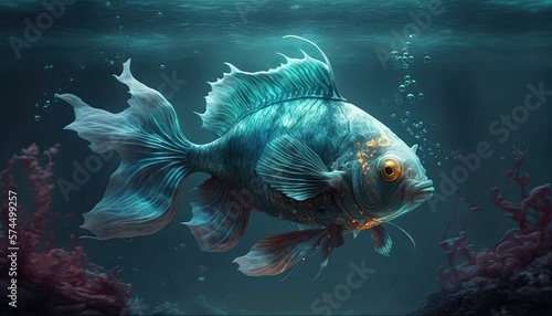 Golden-eyed mystical fish, a mesmerizing underwater world, generative ai
