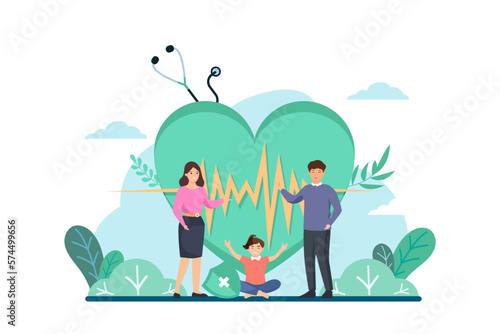 Family health care and life insurance concept. Group people and big heartbeat. Vector illustration