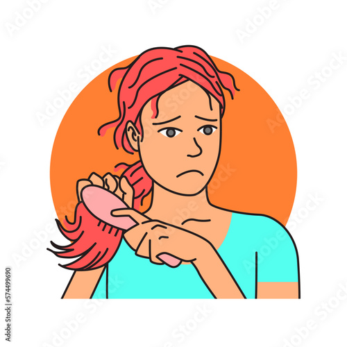 tangled hair. Vector illustration of pretty woman holding comb with hair loss problems,tangled hair,on white,Healthy hair with hairbrush,Hair care,beauty