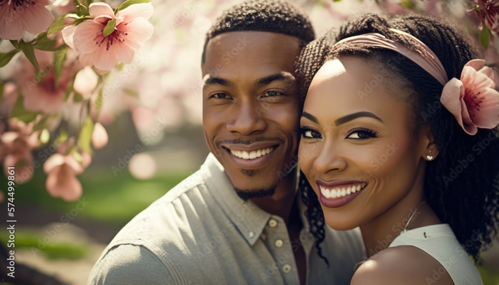 A Happy and Joyful African American Couple in Parks in Beautiful, Romantic and Cheerful Spring: A Celebration of Happiness, Nature's Beauty, and Love (generative AI A Happy and Joyful African American Couple in Parks in Beautiful, Romantic and Cheerful Spring: A Celebration of Happiness, Nature's Beauty, and Love (generative AI