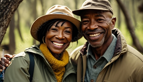 A Happy and Joyful African American Couple in National Forests in Beautiful, Romantic and Cheerful Spring: A Celebration of Happiness, Nature's Beauty, and Love (generative AI © Get Stock