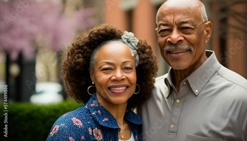 A Happy and Joyful African American Couple in Public Squares and Plazas in Beautiful, Romantic and Cheerful Spring: A Celebration of Happiness, Nature's Beauty, and Love (generative AI