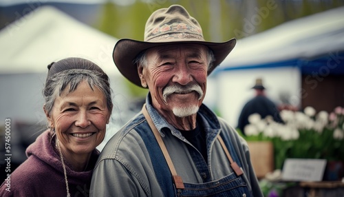 A Happy and Joyful Alaska Native Couple in Farmers Markets in Beautiful, Romantic and Cheerful Spring: A Celebration of Happiness, Nature's Beauty, and Love (generative AI