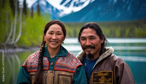 A Happy and Joyful Alaska Native Couple in Lake in Beautiful, Romantic and Cheerful Spring: A Celebration of Happiness, Nature's Beauty, and Love (generative AI