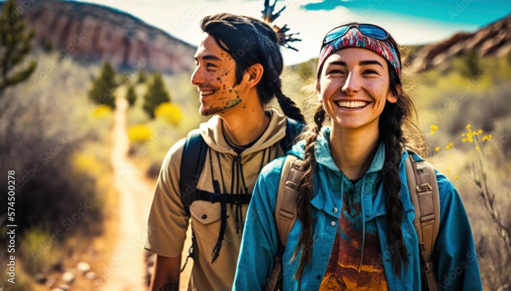 A Happy and Joyful American Indian Couple in Hiking Trails in Beautiful, Romantic and Cheerful Spring: A Celebration of Happiness, Nature's Beauty, and Love (generative AI