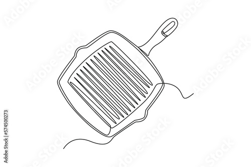 Single one line drawing grill pan. Cooking utensil concept. Continuous line draw design graphic vector illustration. photo