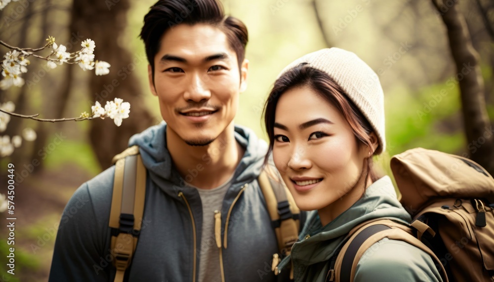 Fototapeta premium A Happy and Joyful Asian Couple in Hiking Trails in Beautiful, Romantic and Cheerful Spring: A Celebration of Happiness, Nature's Beauty, and Love (generative AI