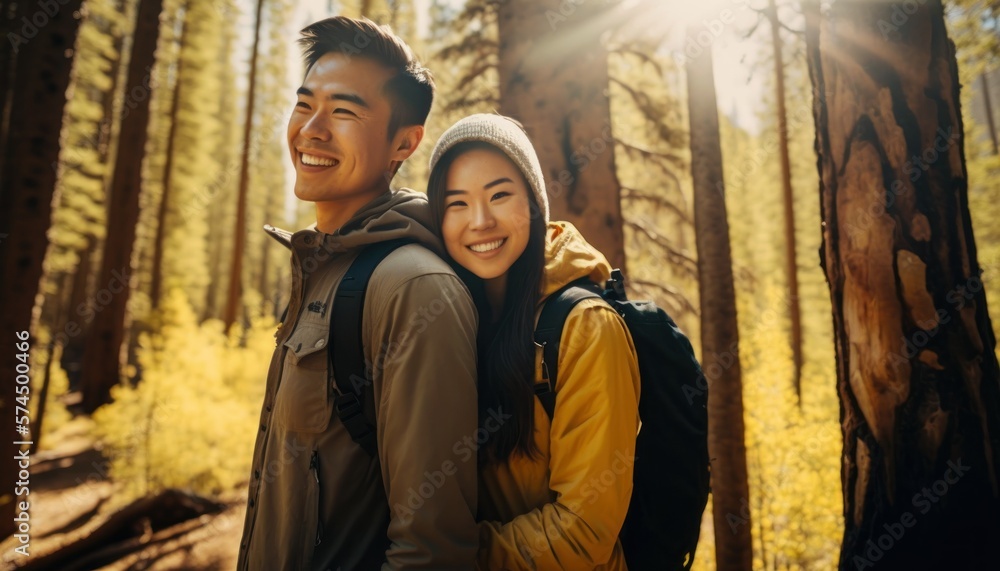 A Happy and Joyful Asian Couple in National Forests in Beautiful, Romantic and Cheerful Spring: A Celebration of Happiness, Nature's Beauty, and Love (generative AI