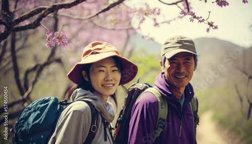 A Happy and Joyful Asian Couple in Hiking Trails in Beautiful, Romantic and Cheerful Spring: A Celebration of Happiness, Nature's Beauty, and Love (generative AI