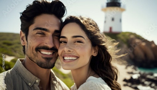 A Happy and Joyful Hispanic Couple in Lighthouses in Beautiful, Romantic and Cheerful Spring: A Celebration of Happiness, Nature's Beauty, and Love (generative AI