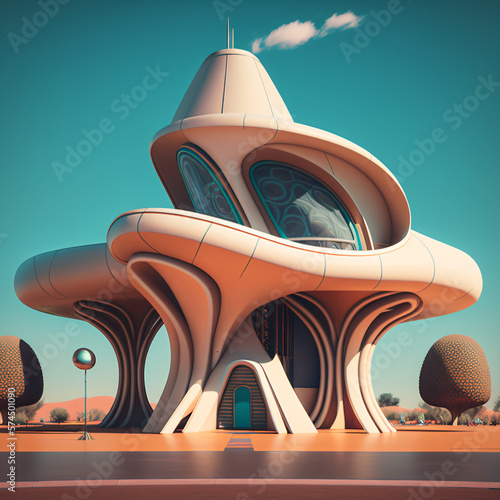 a futuristic architecture building with organic shapes and circular edges Generative Ai photo