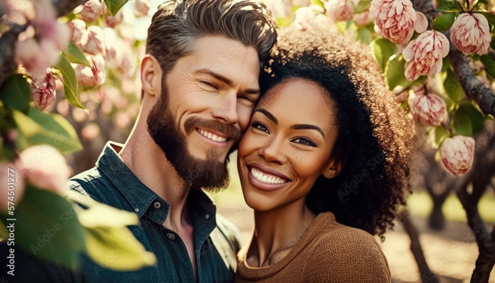 A Happy and Joyful Multiracial Couple in Orchards in Beautiful, Romantic and Cheerful Spring: A Celebration of Happiness, Nature's Beauty, and Love (generative AI A Happy and Joyful Multiracial Couple in Orchards in Beautiful, Romantic and Cheerful Spring: A Celebration of Happiness, Nature's Beauty, and Love (generative AI