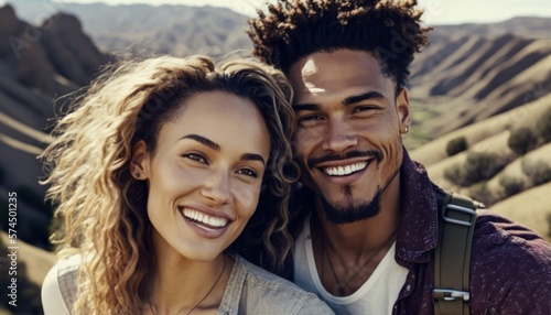 A Happy and Joyful Multiracial Couple in Mountainous Areas in Beautiful, Romantic and Cheerful Spring: A Celebration of Happiness, Nature's Beauty, and Love (generative AI