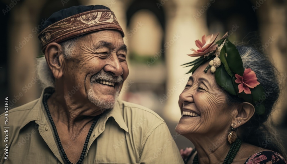 A Happy and Joyful Native Hawaiian Couple in Public Squares and Plazas in Beautiful, Romantic and Cheerful Spring: A Celebration of Happiness, Nature's Beauty, and Love (generative AI