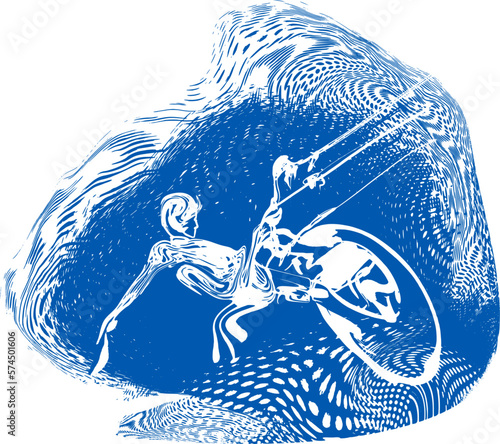 vector sketch splash jump kite surfer on blue ocean water