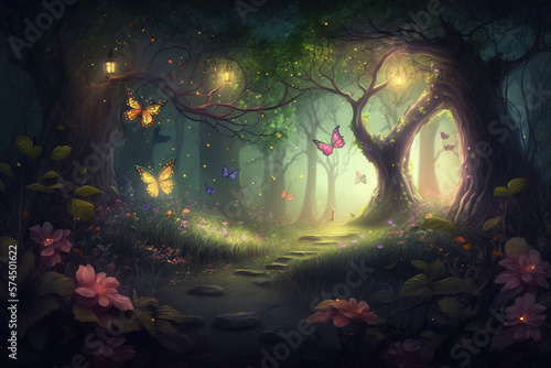 Fairy tale forest with shining flowers  trees  butterflies creative illustration created with Generative AI