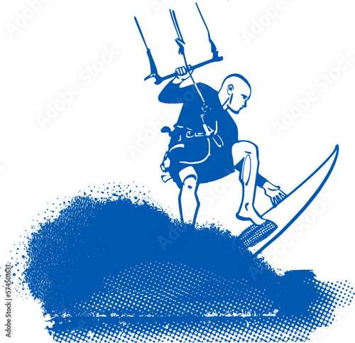 vector sketch splash jump kite surfer on blue ocean water