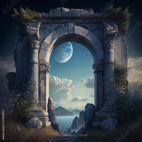 Foto an old fantasy stone archway that shows the moon through it with ancient greek o