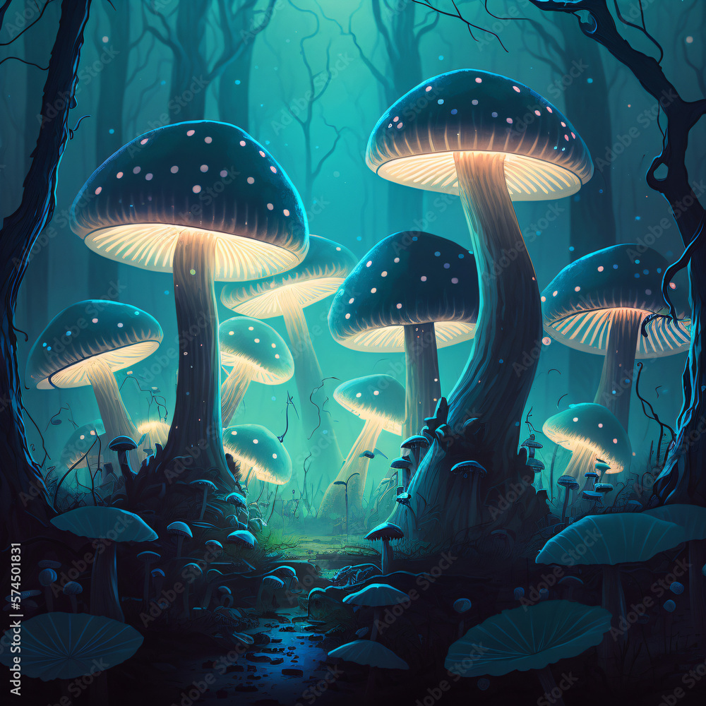 giant blue and yellow neon glowing mushrooms on foggy a forest Generative Ai