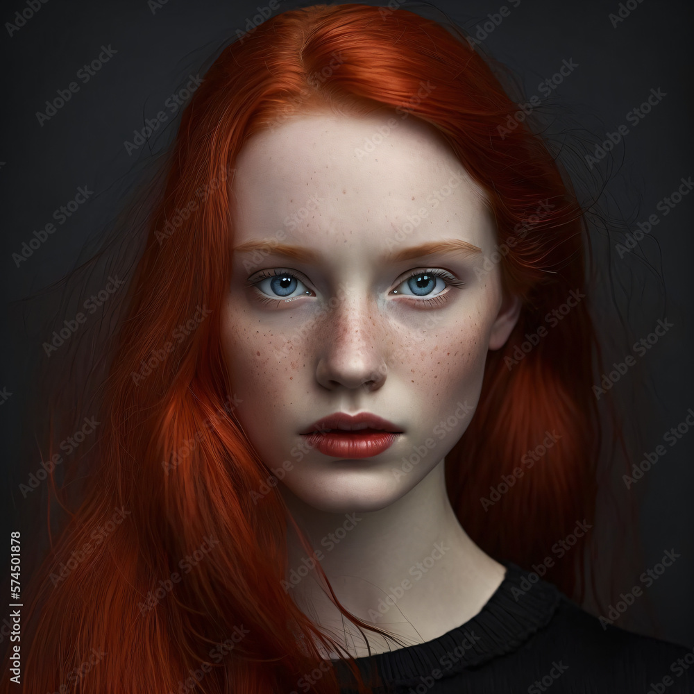portrait illustration of a beautiful redhead girl with a really pale skin tone and freckles isolated on a black background in a studio shot style Generative Ai portrait illustration of a beautiful redhead girl with a really pale skin tone and freckles isolated on a black background in a studio shot style Generative Ai