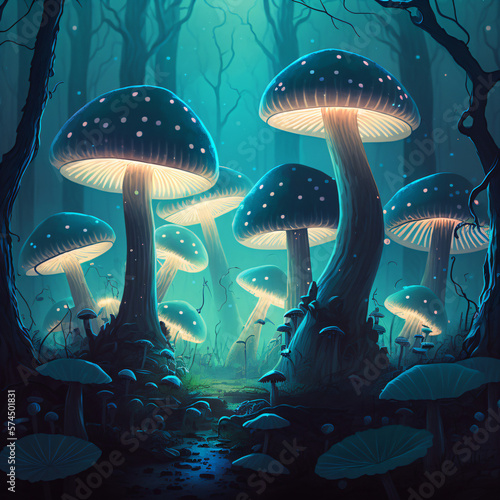 giant blue and yellow neon glowing mushrooms on foggy a forest Generative Ai