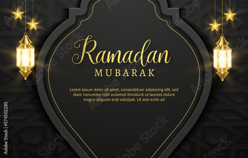 ramadan mubarak banner with beautiful illustration shiny light luxury islamic ornament and abstract black and grey background design