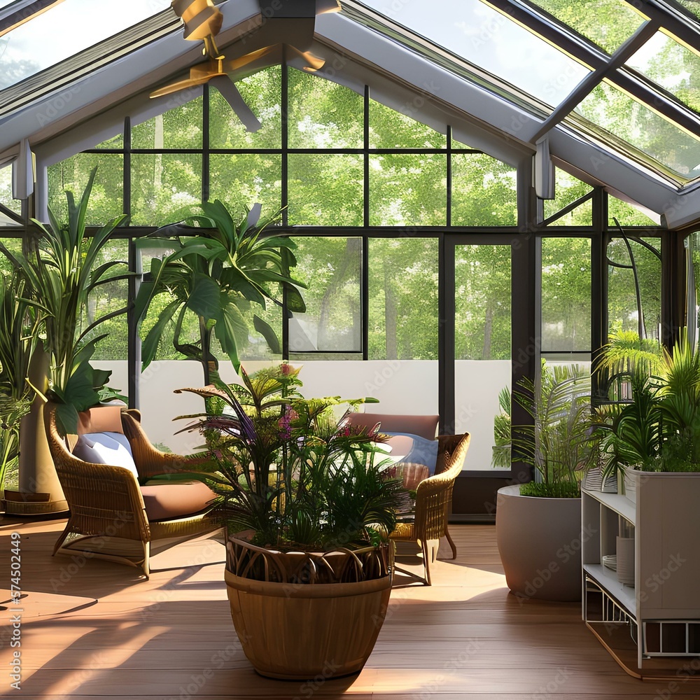 a sunroom with skylights, wicker furniture, and potted plants3, Generative AI