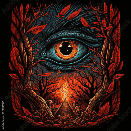 stairs that lead to hell surrounded by a red forest and a big eye in the sky vector design illustration isolated on a black background Generative Ai