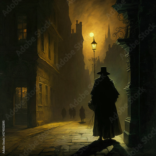 silhouette of a mysterious man wearing a  black top hat and large black trench coat walking down the streets of London in the 1800s photo
