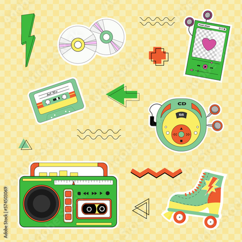 Tape recorder, player, CD discs and roller skates. Set of retro stickers 90s. Vector on a colored background with memphis elements. For gliders, diaries, social networks.