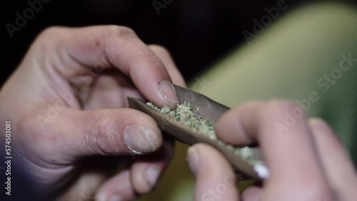 close up male hands spreading the weed in a pure haze blunt before he rolls up photo