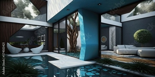 Modern and luxuous villa outdoor with a pool. Rich interior design. Architect house concept. Generative AI illustration. photo