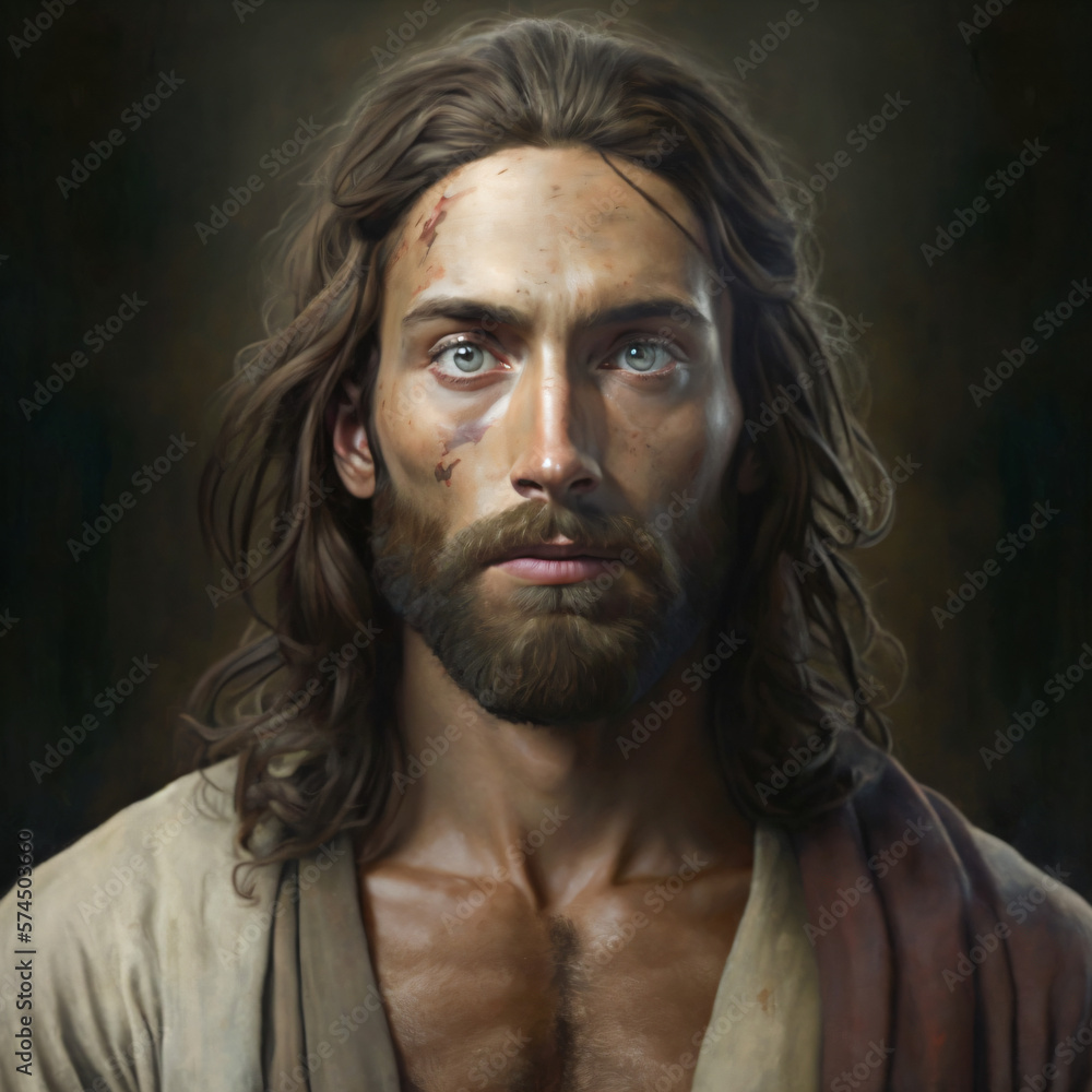 a portrait painting of Jesus wearing a white robe with a forgiving look Generative Ai a portrait painting of Jesus wearing a white robe with a forgiving look Generative Ai
