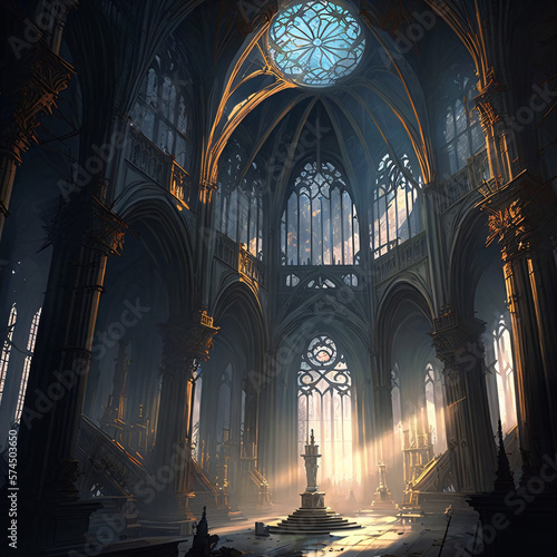 illustration of a gothic cathedral church with a sword buried on the floor pedestal with light coming through the windows Generative Ai
