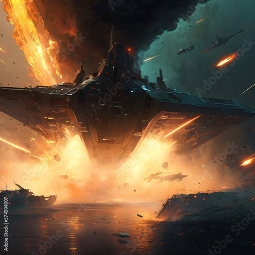 a giant space battleship being bombarded by enemy fire on a space intergalactic war Generative Ai