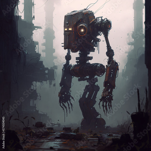 a rusty robot with one leg missing abandoned on a scrap yard concept art illustration Generative Ai © Eduardo